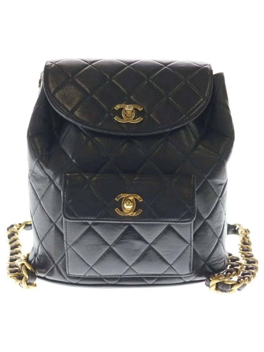 Chanel Quilted Backpack Lambskin Gold Black Seal